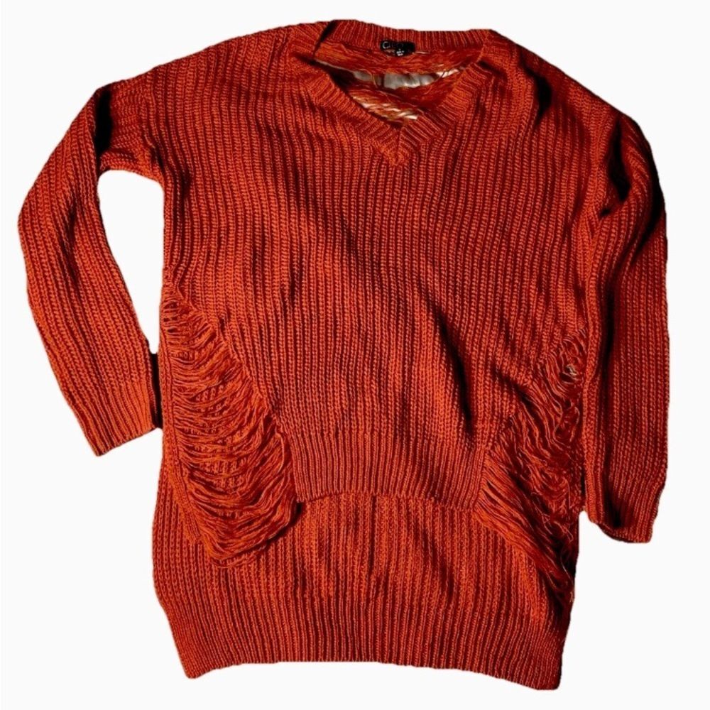Distressed Knit Sweater Women’s L Rust Orange Shredded V-Neck Hi Lo Side Slit